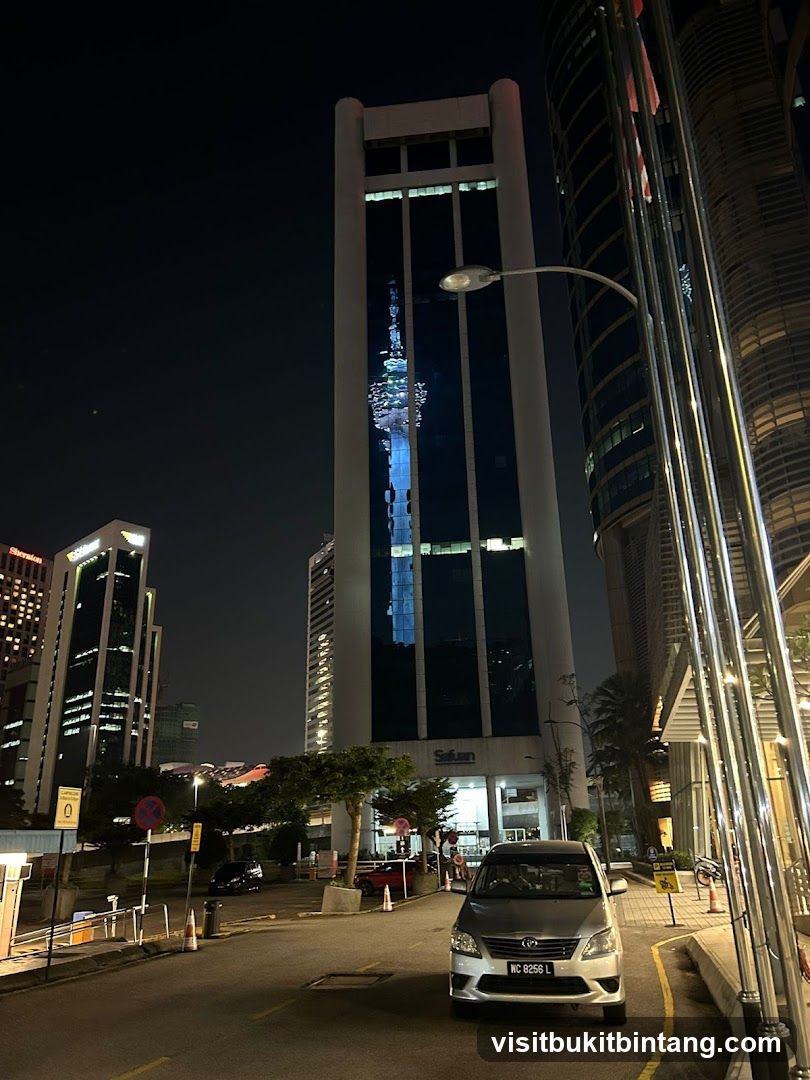 Nighttime Cityscape with Tall Buildings and a Car