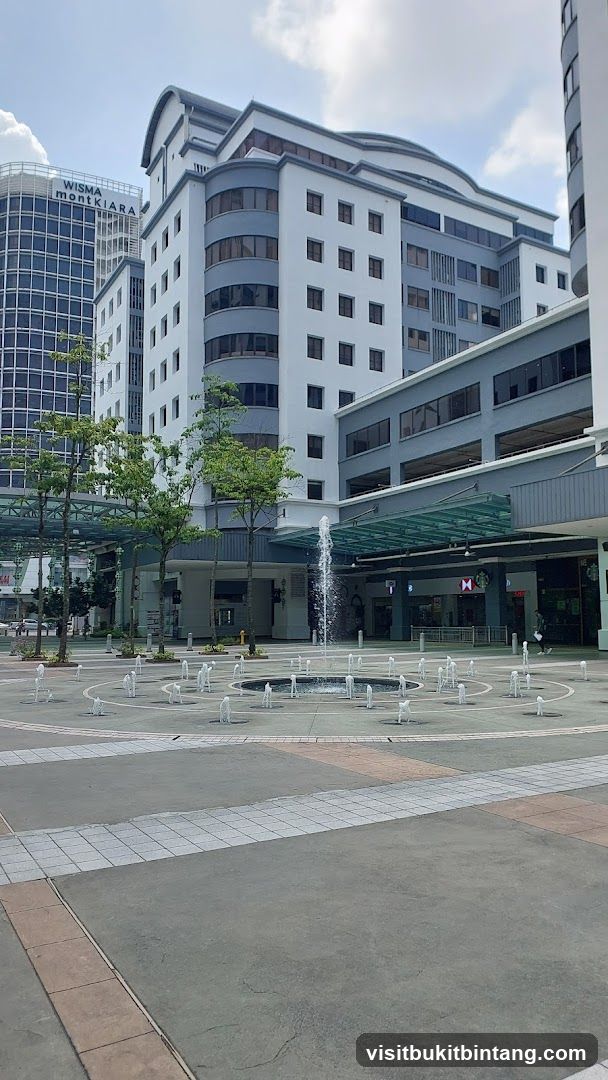 Outdoor plaza with fountains and buildings