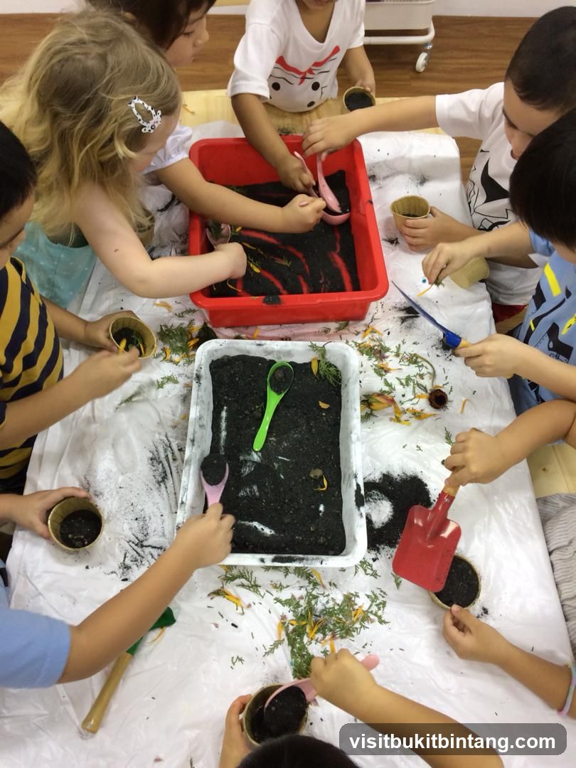 Children playing with dirt and plants