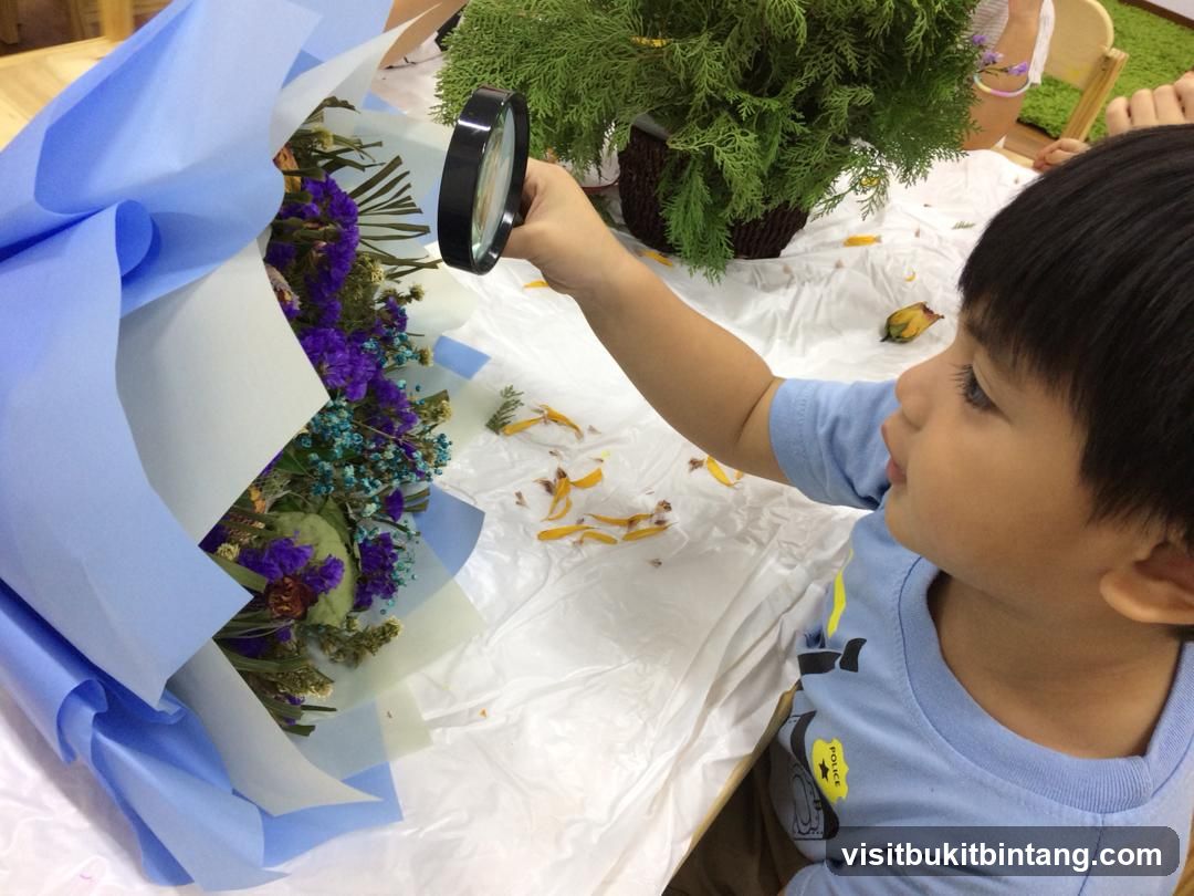 Child examining a bouquet with a magnifying glass