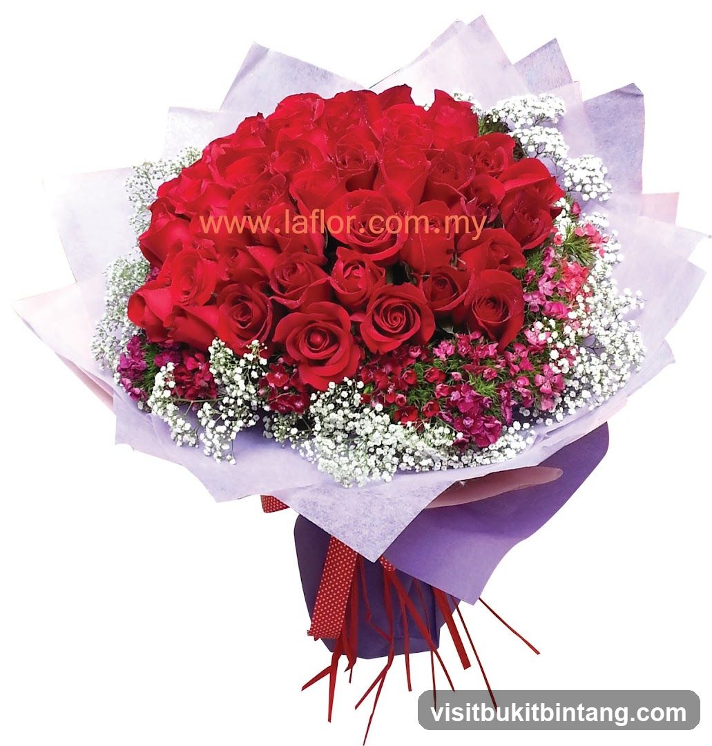Red Rose Bouquet with Baby's Breath and Pink Flowers