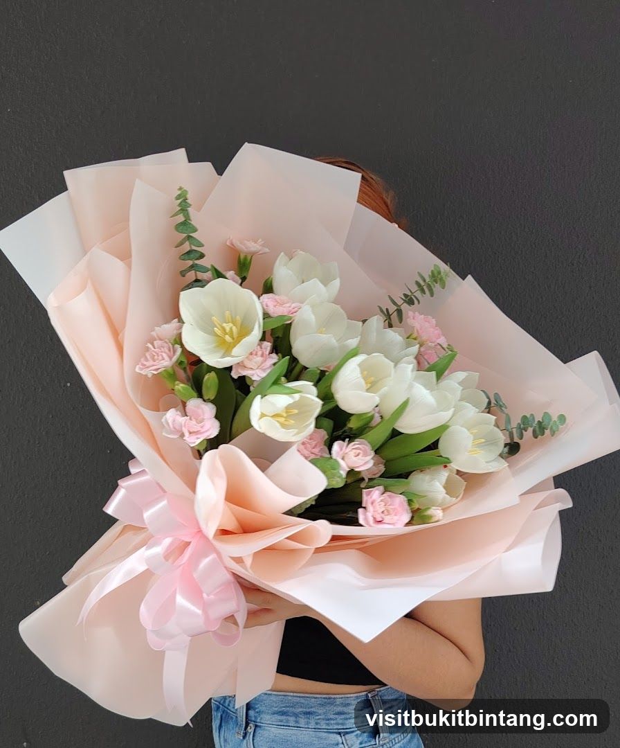 Flower Bouquet with White Tulips and Pink Roses