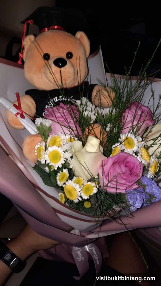 Graduation Gift with Teddy Bear and Flowers