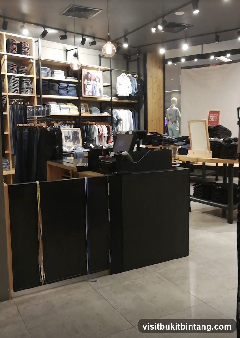 Clothing store interior with merchandise and checkout counter