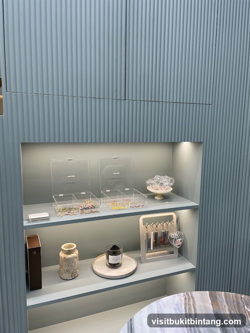 Display shelves with decorative items