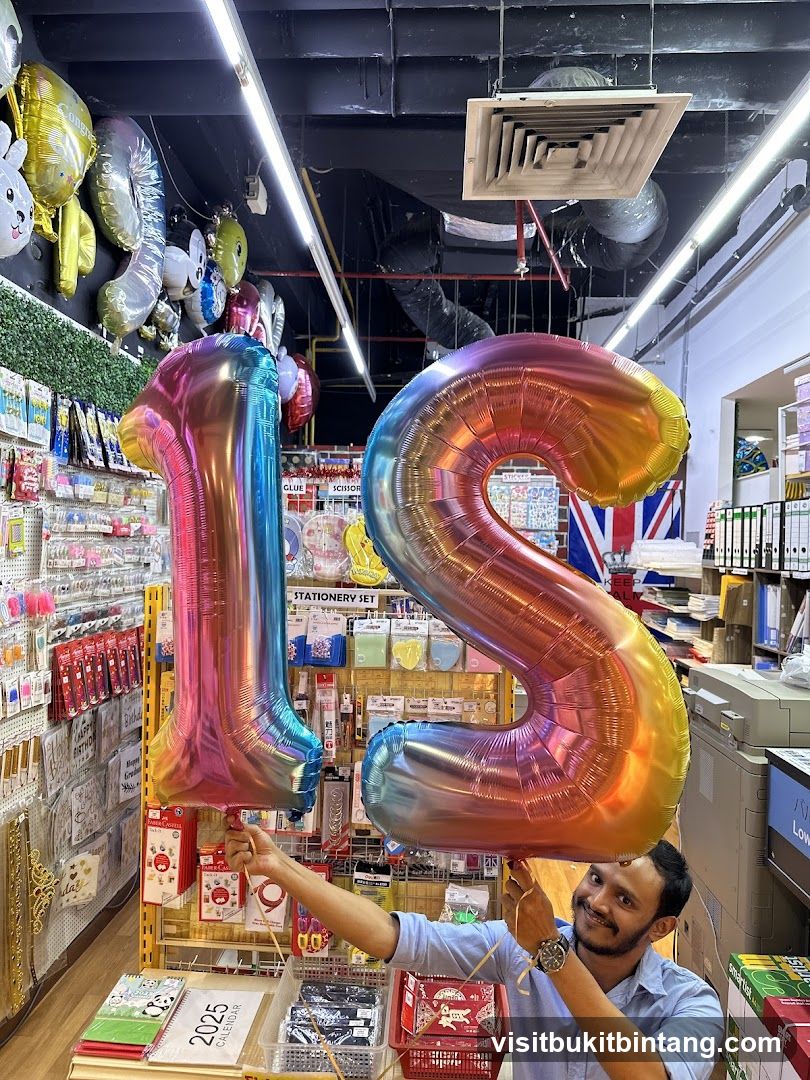 Man holding large number balloons in a store