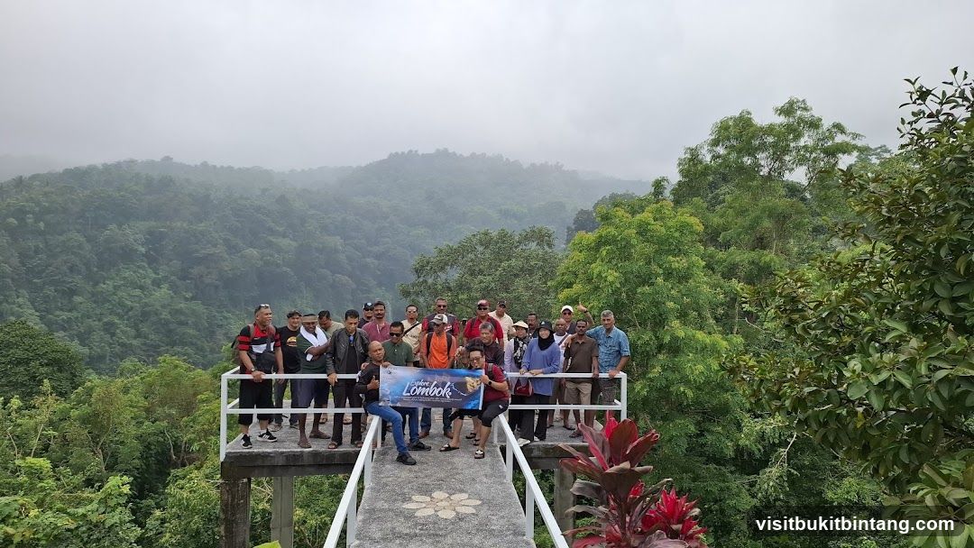 Group posing for a photo with a scenic backdrop