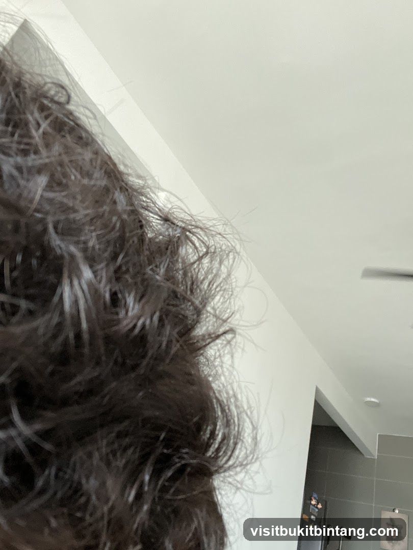 Close-up of dark, curly hair against a white wall