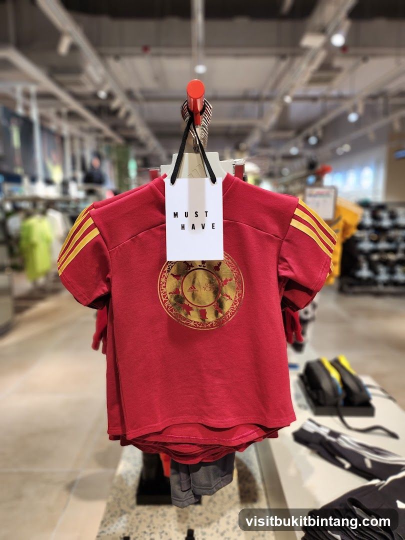 Red T-shirt with gold emblem and stripes