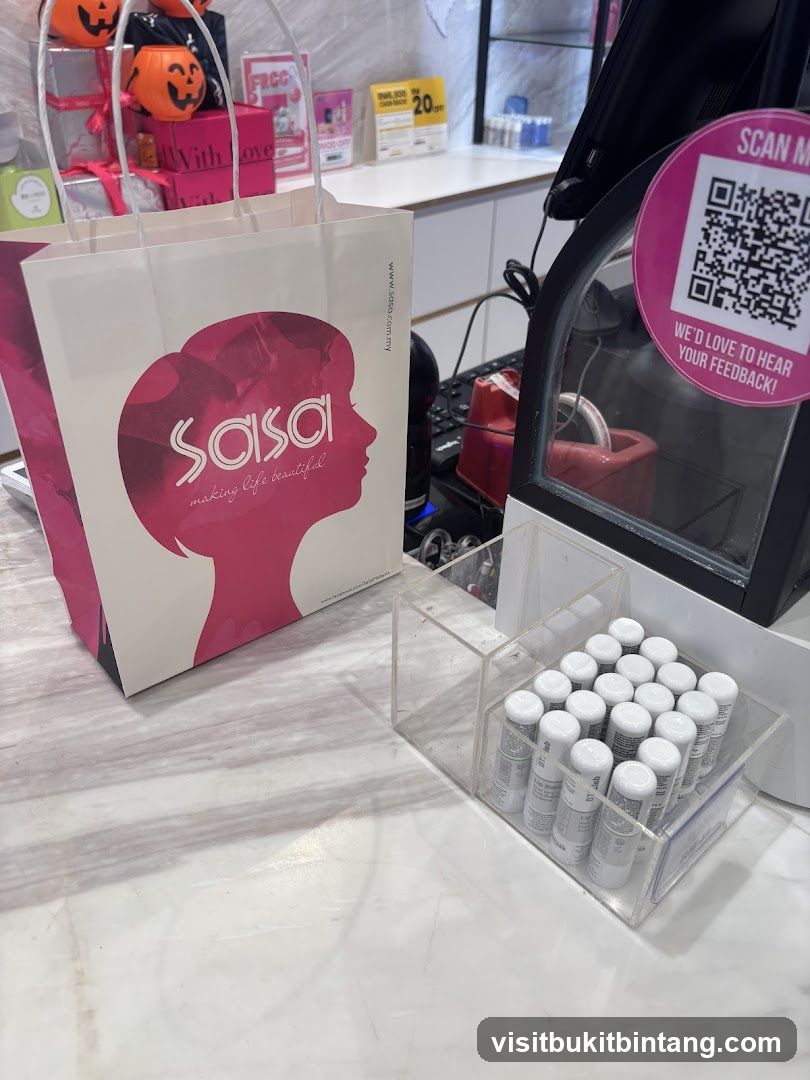 Sasa counter with shopping bag and samples
