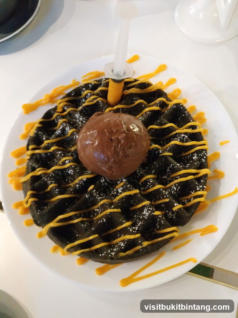 Chocolate waffle with ice cream and sauce