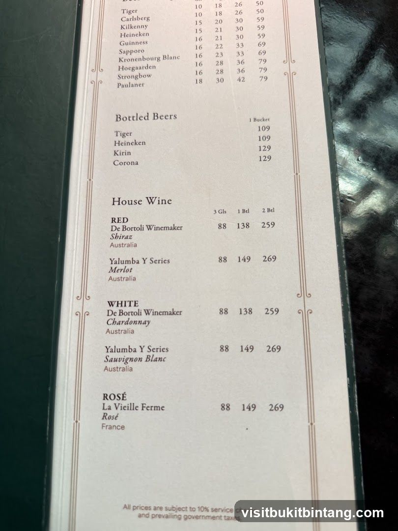 Bottled Beers and House Wine Menu
