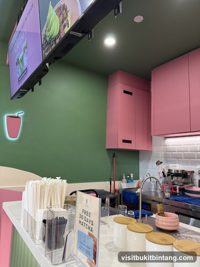 Countertop with promotional sign and kitchen equipment