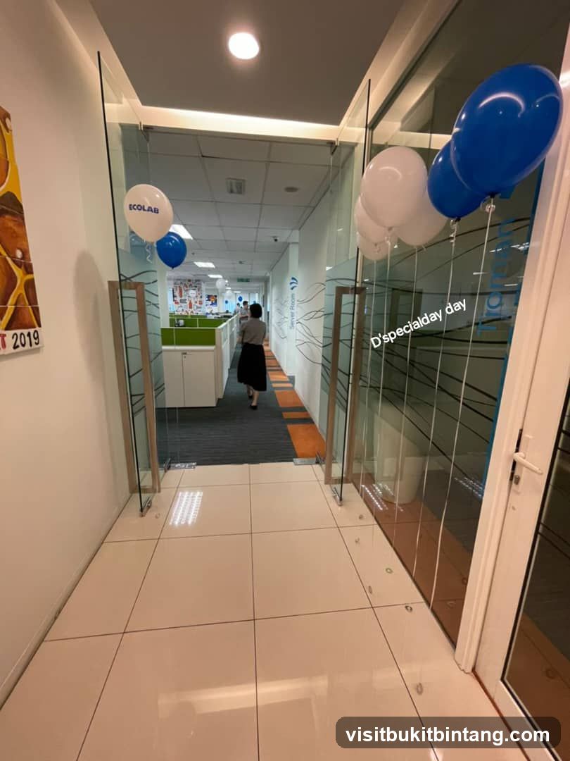 Office hallway with balloons