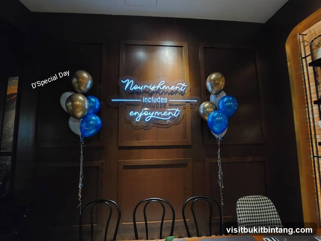 Restaurant Interior with Balloons and Neon Sign