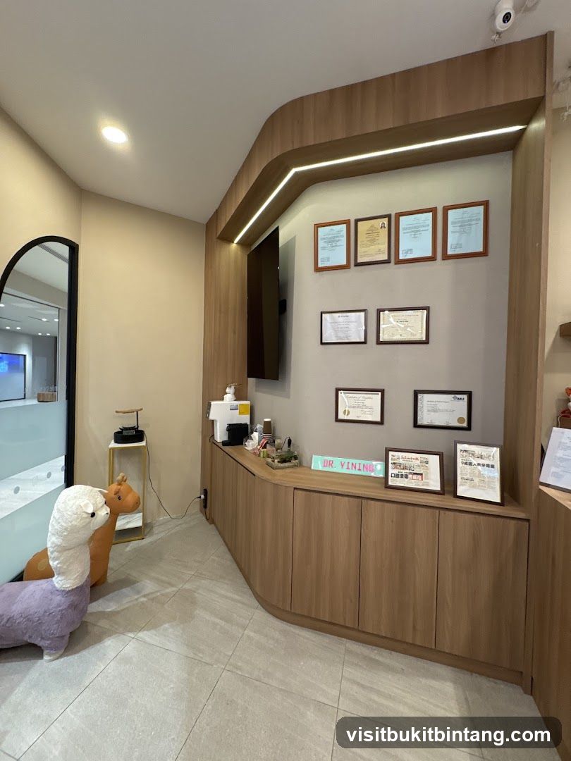 Interior of a modern reception area with certificates and plush toys