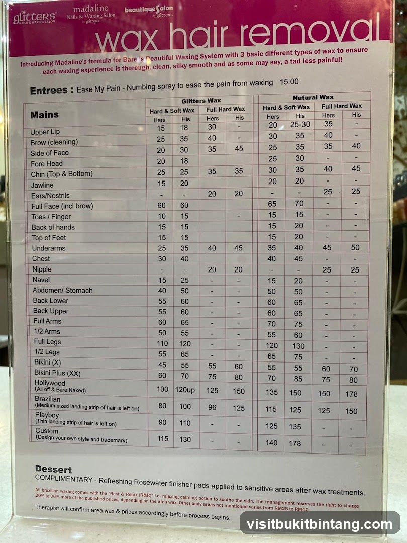 Madaline Nails & Waxing Salon Beautique Salon Wax Hair Removal Menu