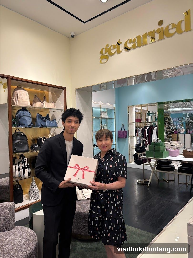 Two people holding a gift box in a store