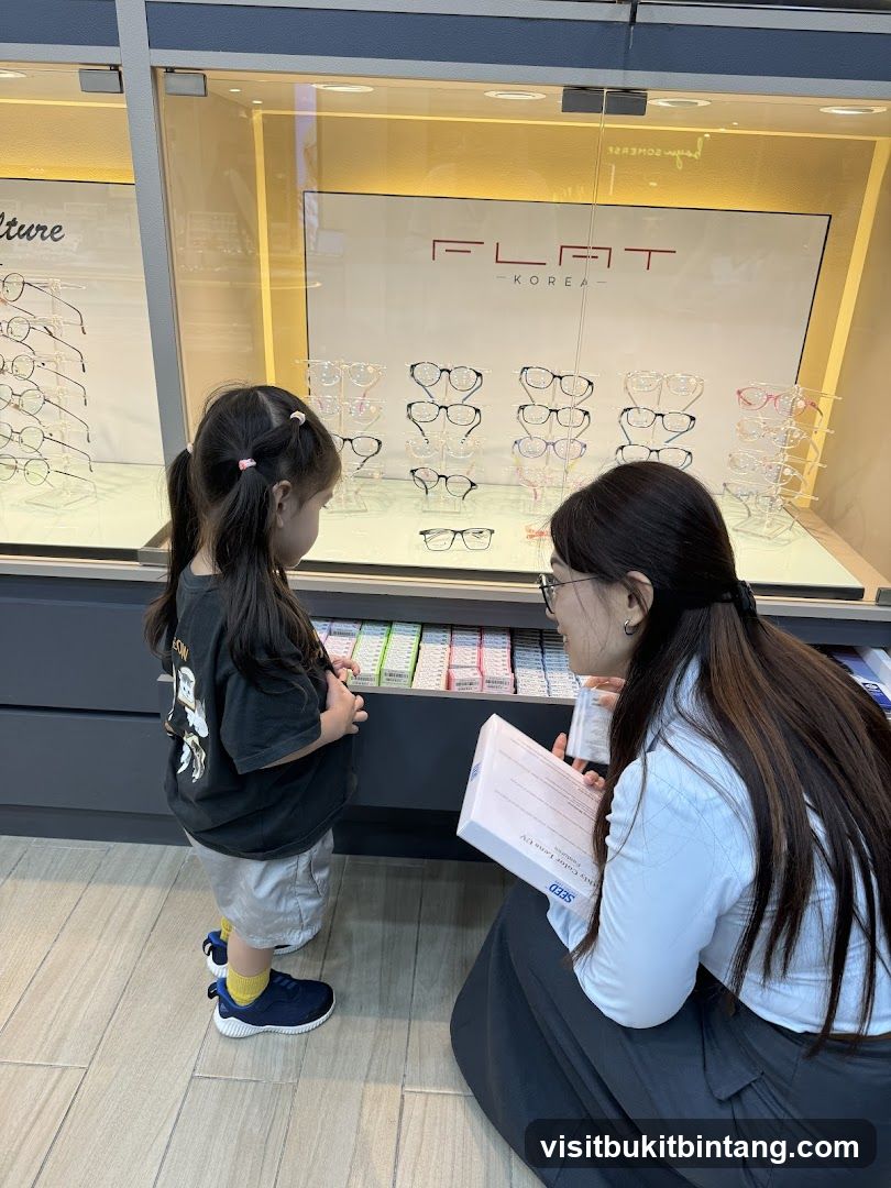 Optician assisting a child