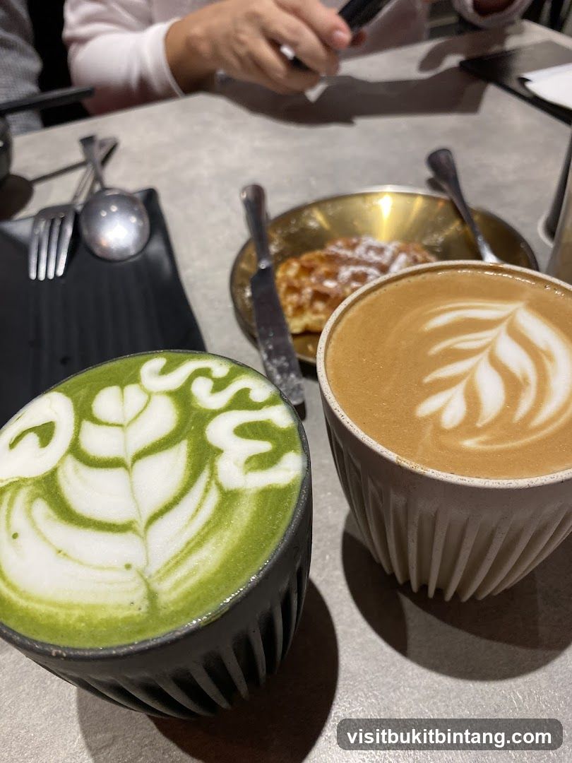 Matcha Latte and Coffee with Waffle