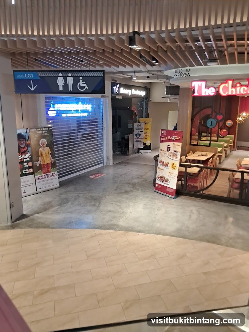 Mall Interior with Shops and Restrooms