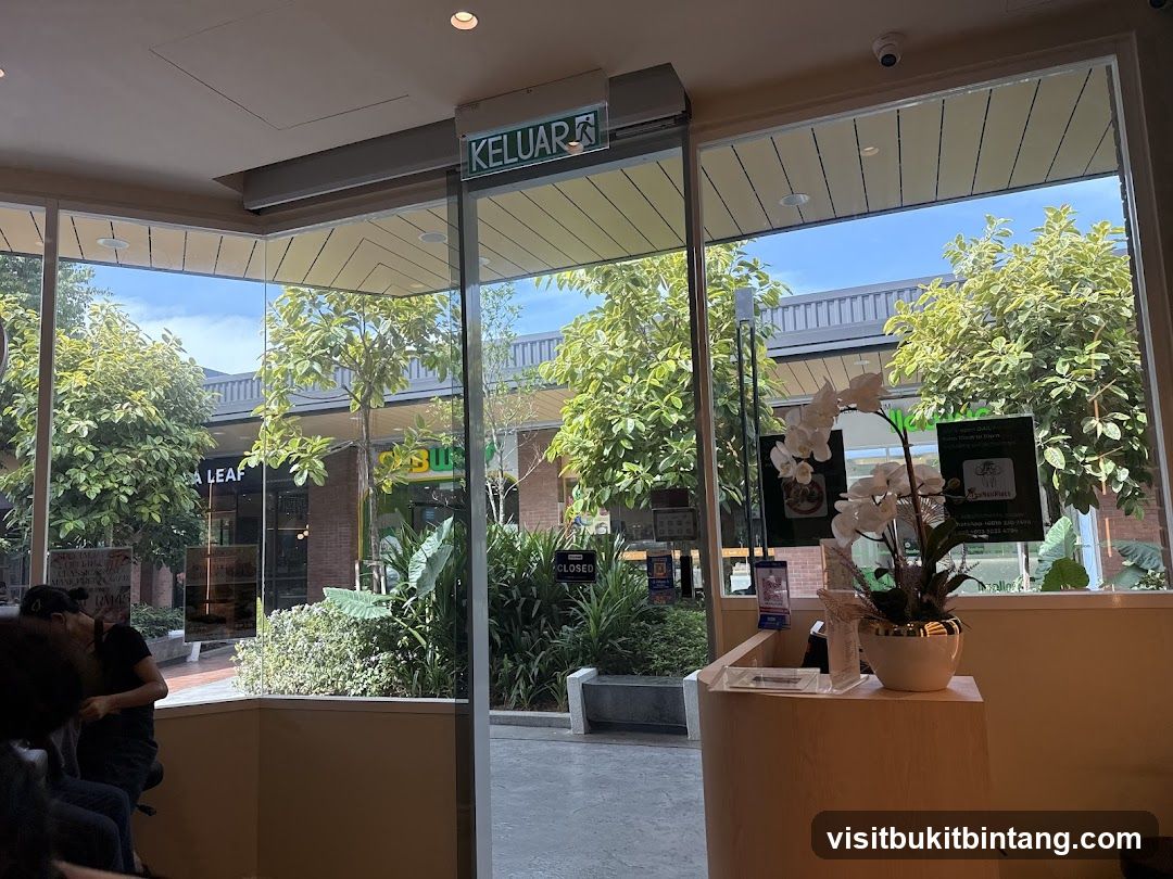 View of outdoor shops from inside
