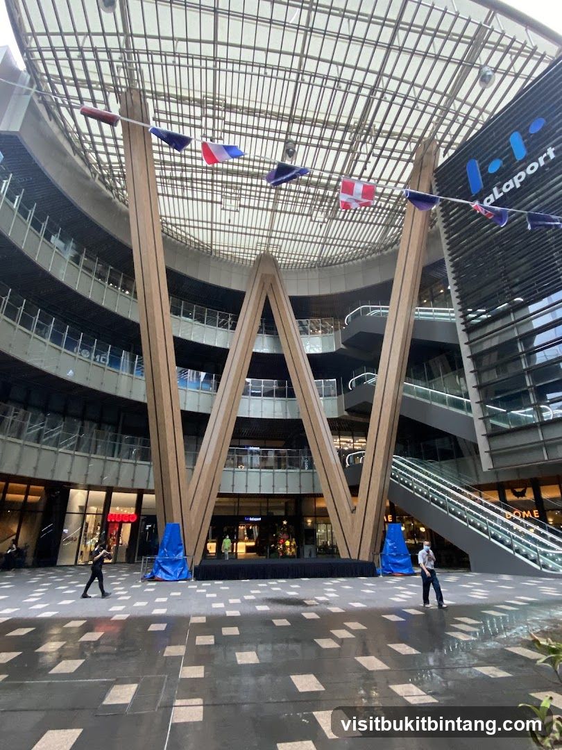 Modern Atrium with Flags and Escalators