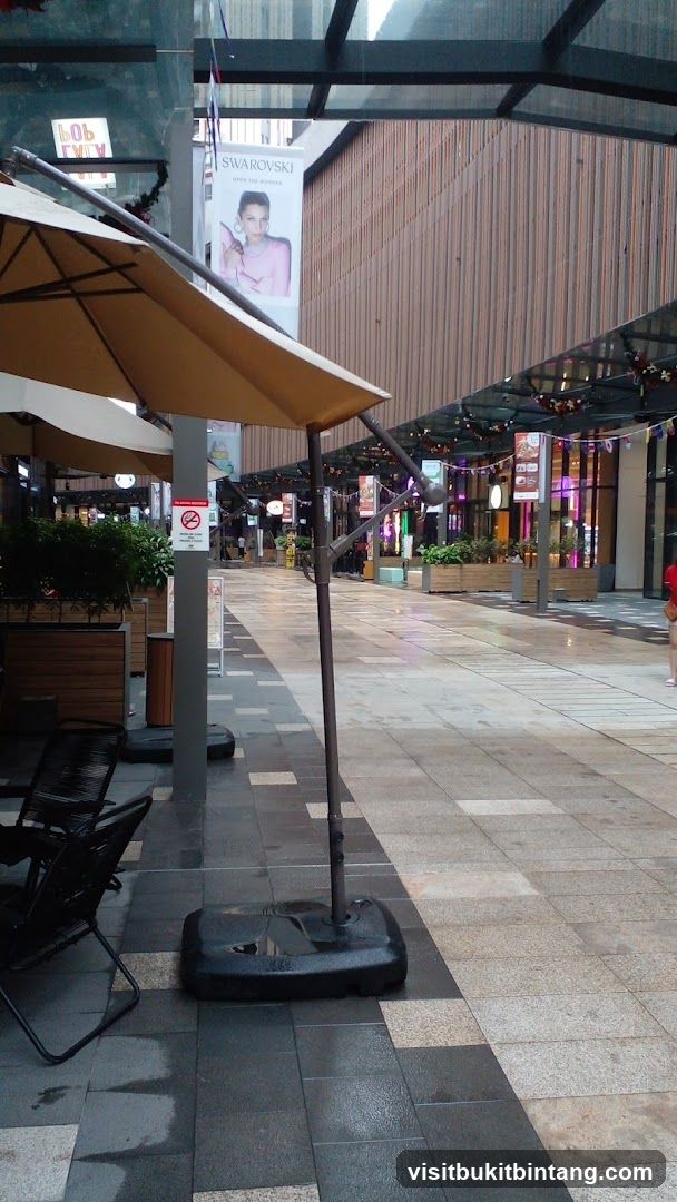 Outdoor walkway with shops and advertisements