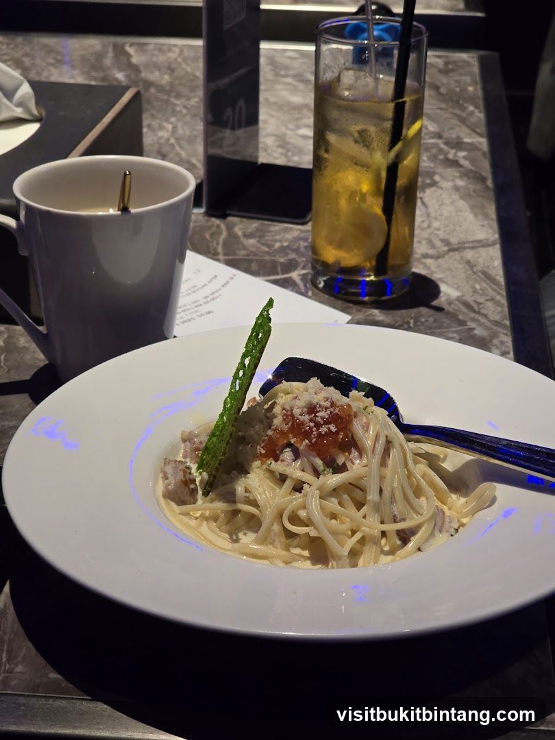 Pasta Dish with Drink and Coffee