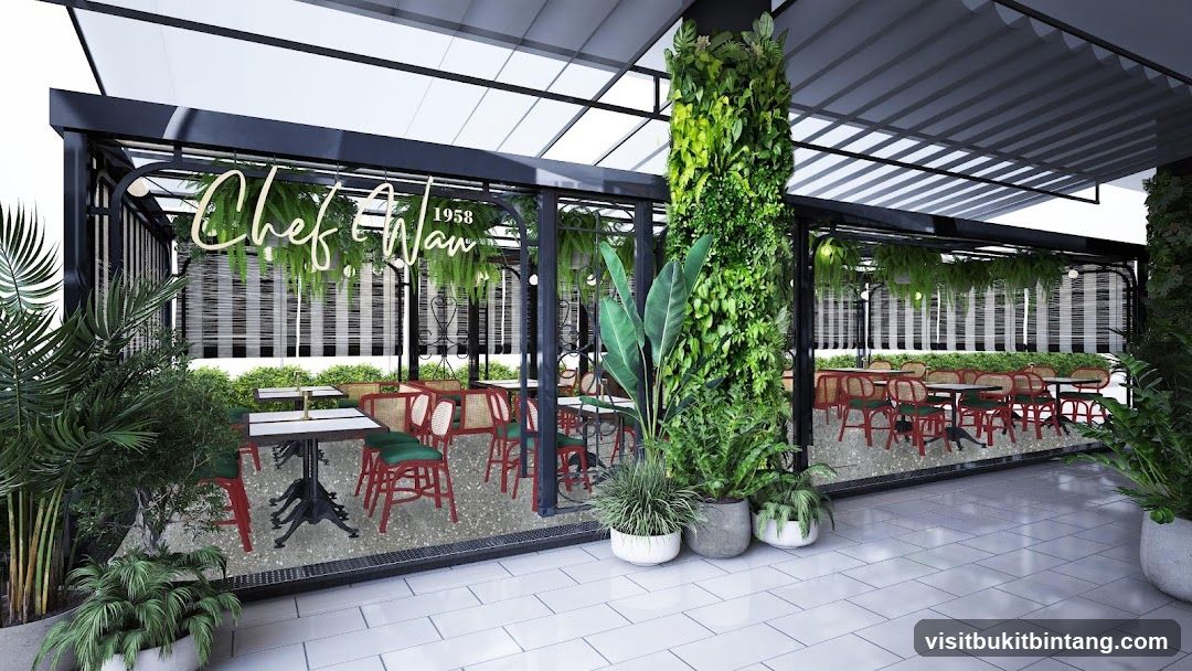 Outdoor seating area with lush greenery