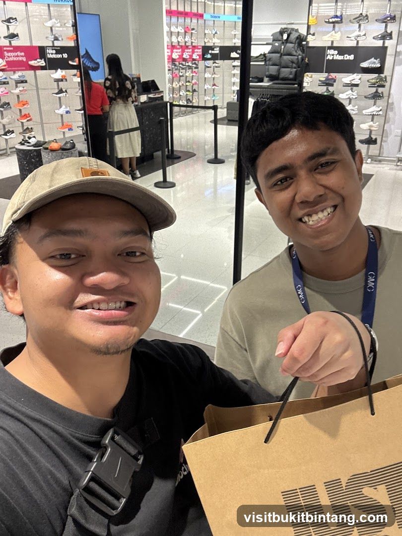 Two men smiling in a shoe store