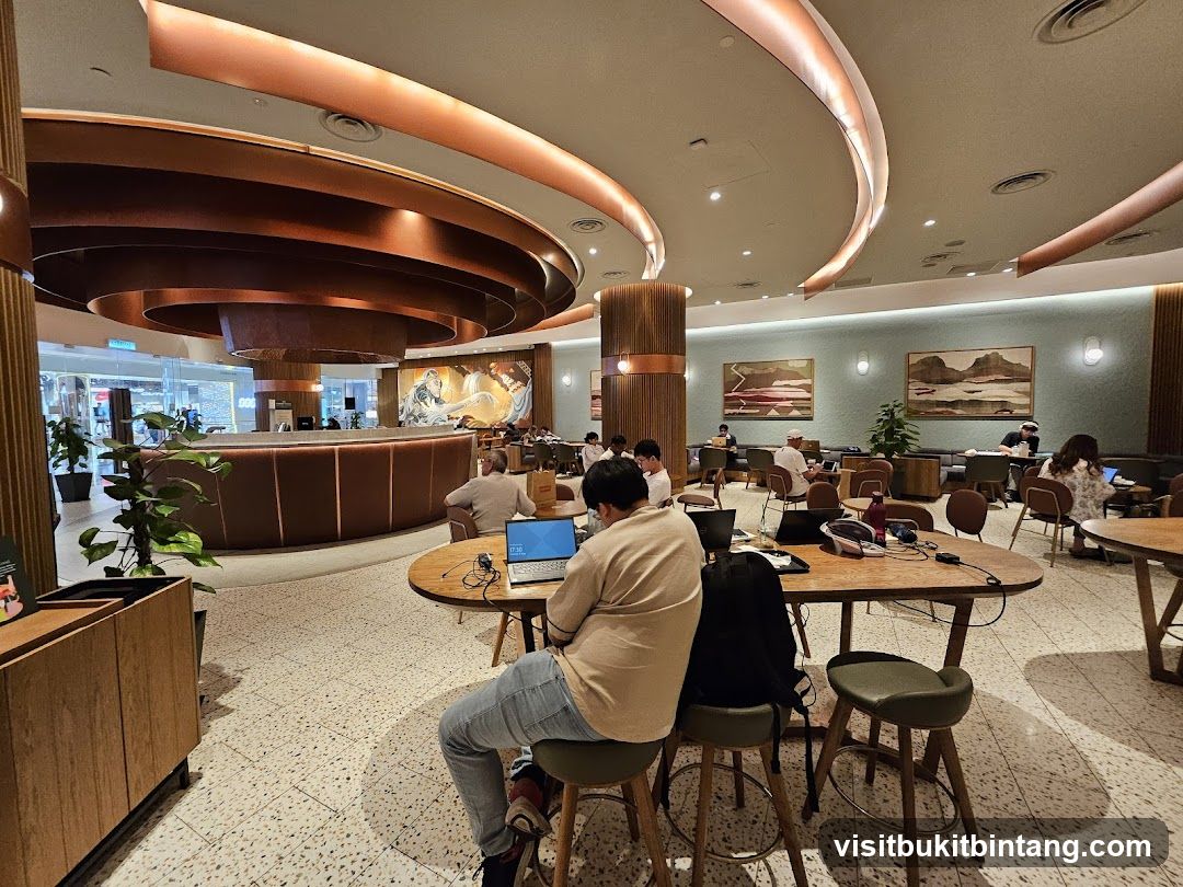 Interior of a modern cafe with patrons working on laptops