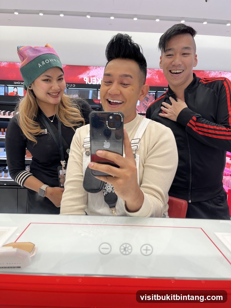 Three people posing for a selfie in a makeup store