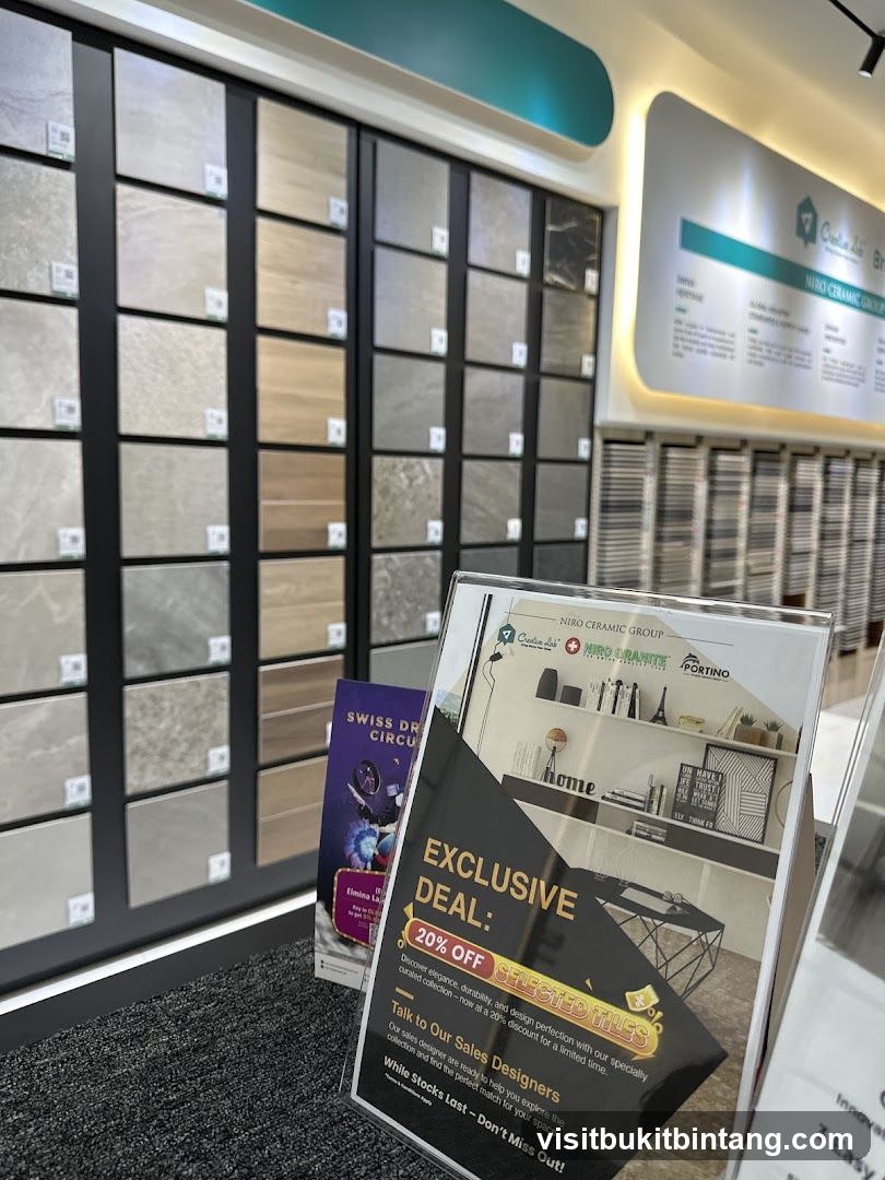 Tile showroom with promotional flyer