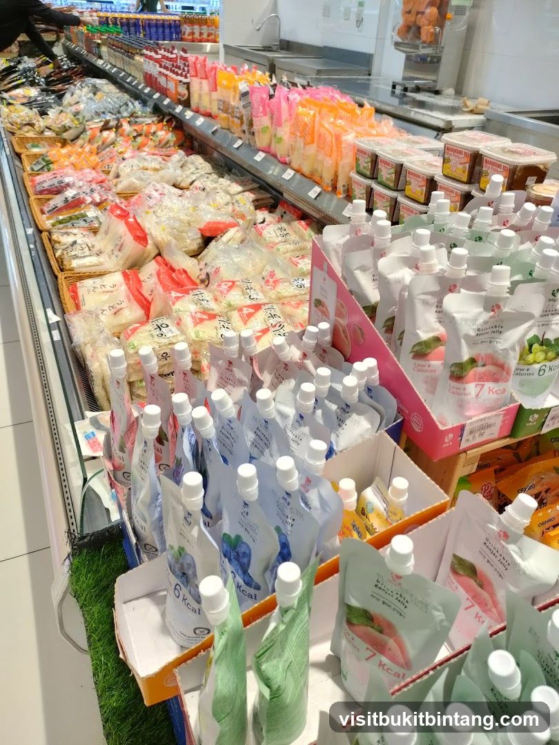 Assortment of Packaged Foods in a Supermarket Aisle
