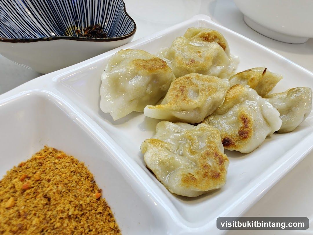 Pan-fried dumplings with dipping sauce