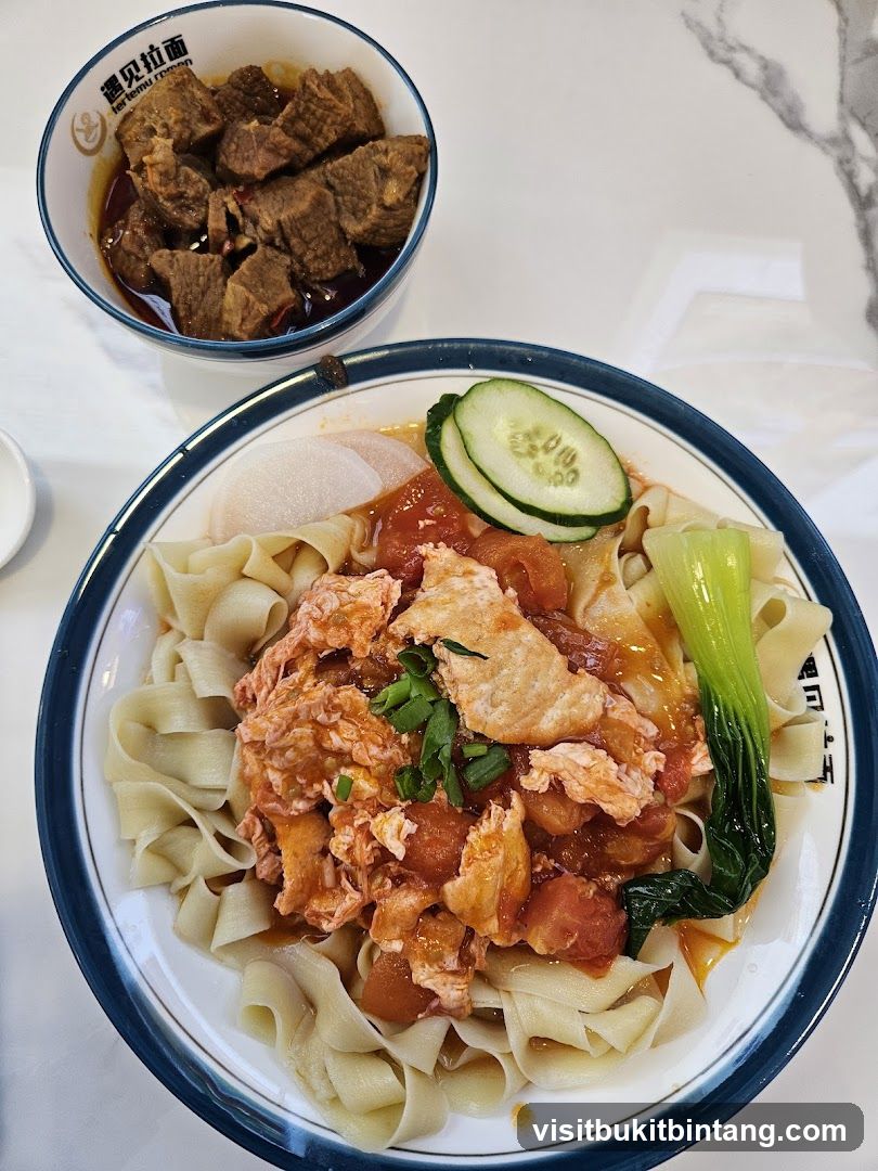Noodles with Tomato and Egg Topping and Braised Beef