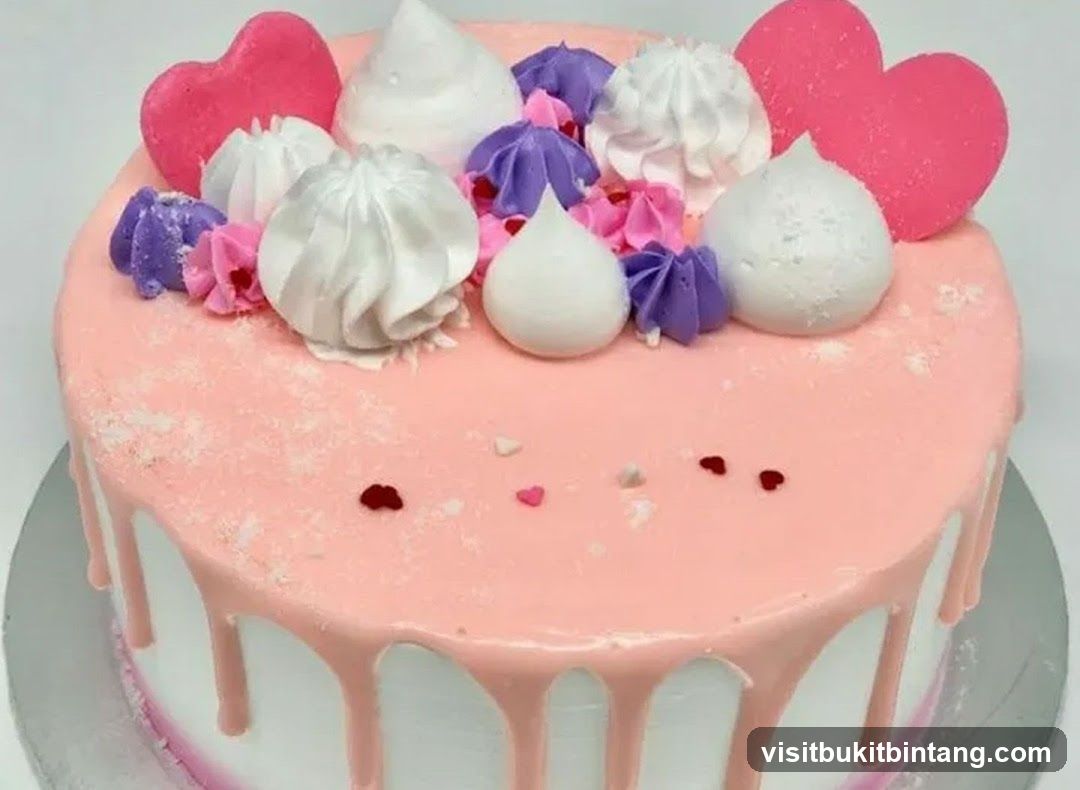 Pink Drip Cake with Meringue and Heart Toppers