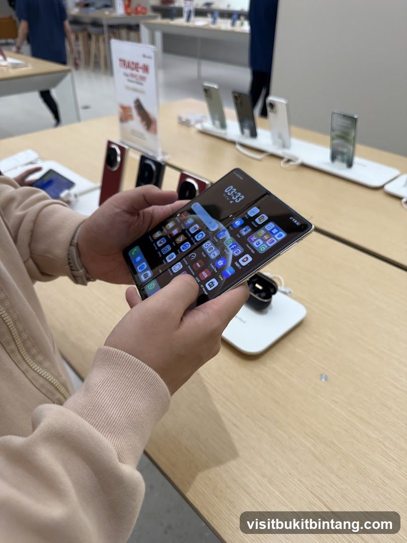 Person holding a foldable smartphone in a store