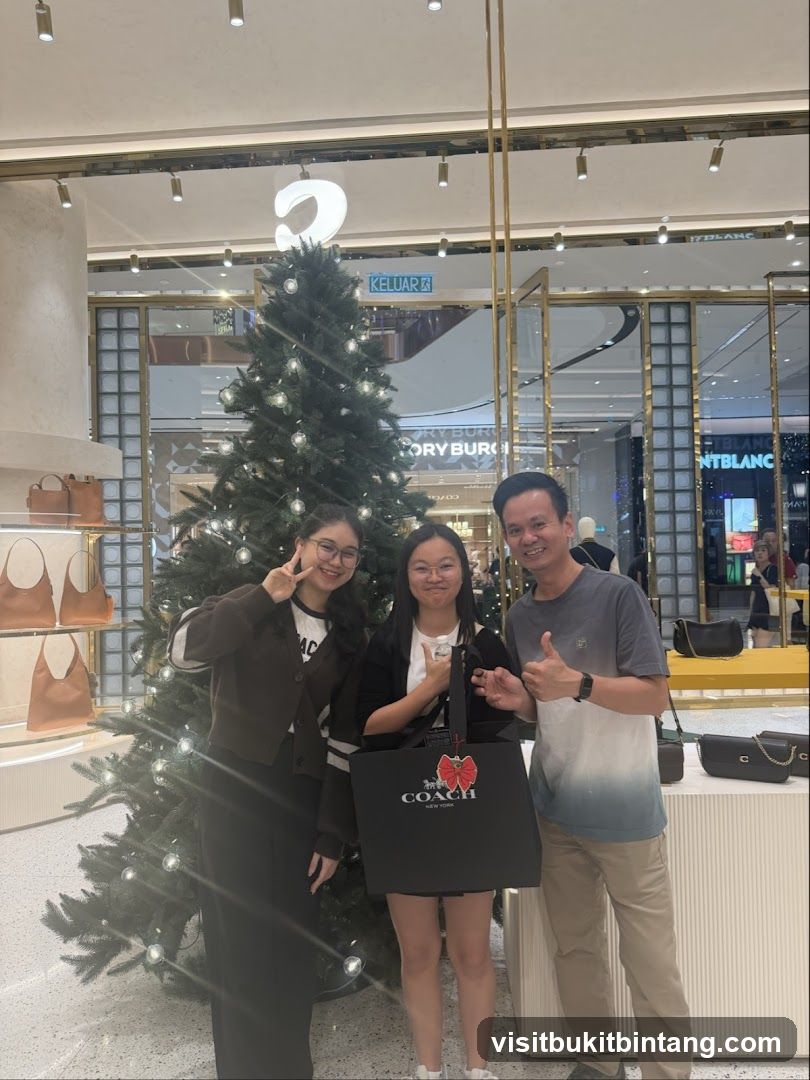Family Poses in Front of Christmas Tree and Coach Bag