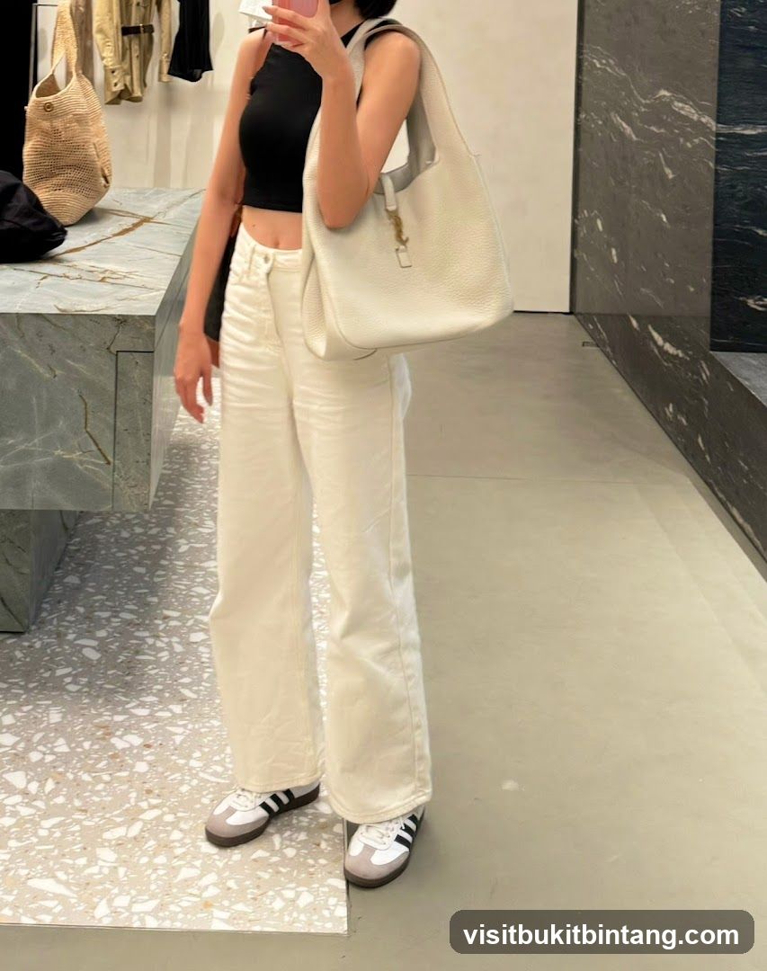 Woman in white outfit with a white handbag