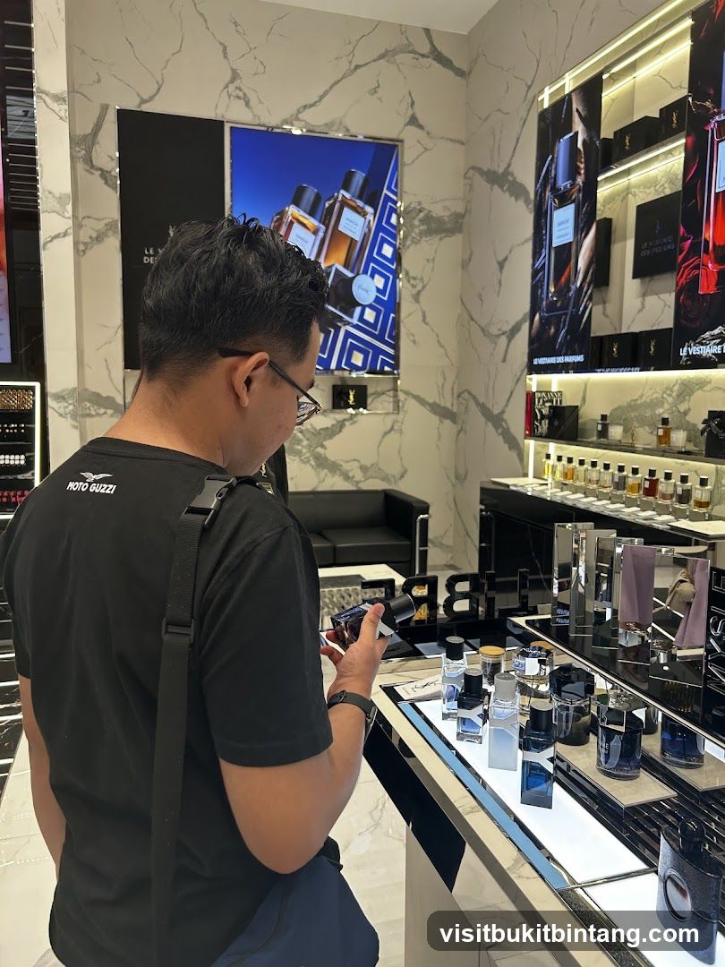 Man examining perfume bottles in a store