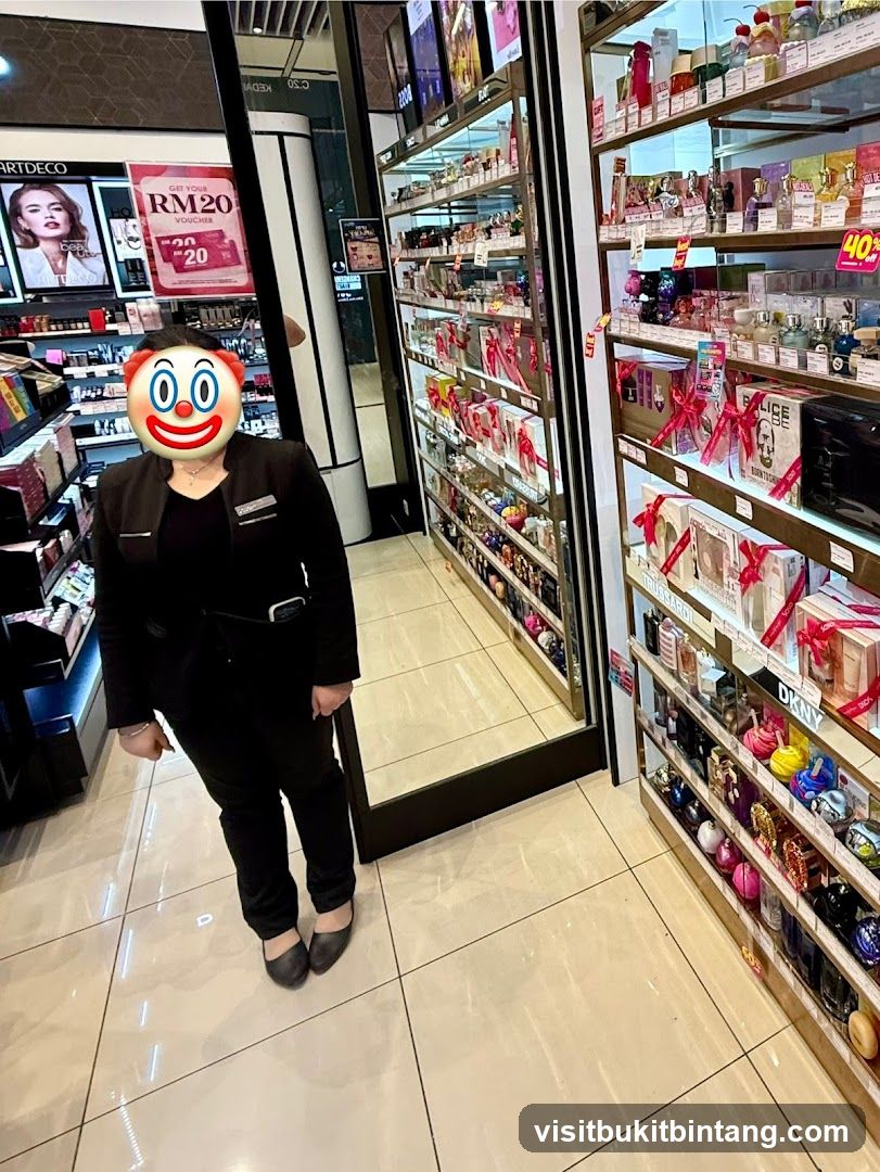 Cosmetics store interior with displays of perfume and makeup