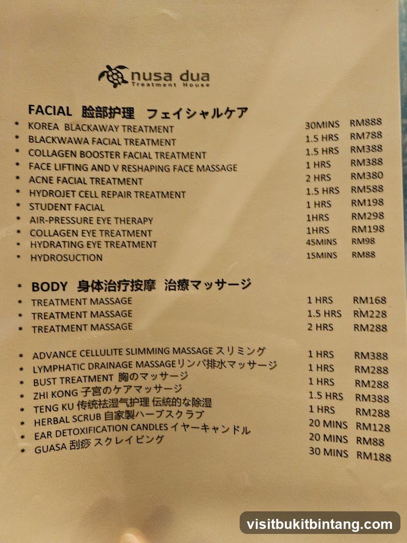 Nusa Dua Treatment House Menu