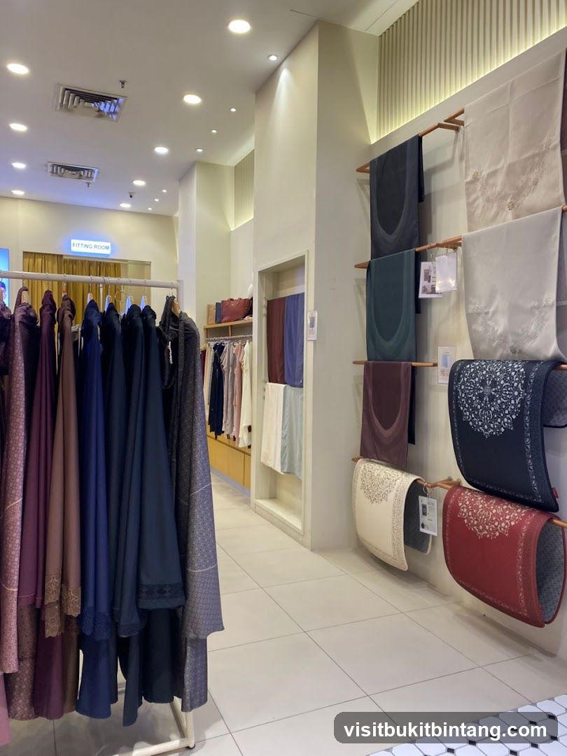 Clothing store interior with prayer mats and garments