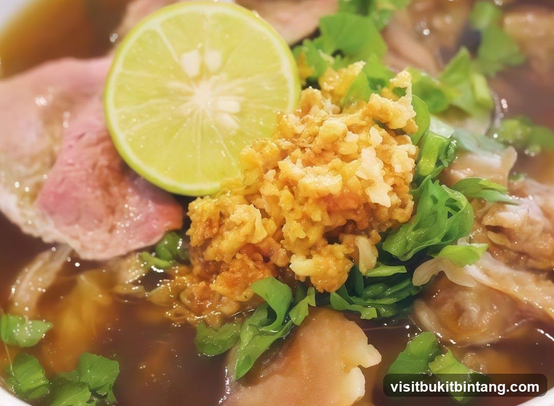 Close-up of a bowl of soup with meat and lime