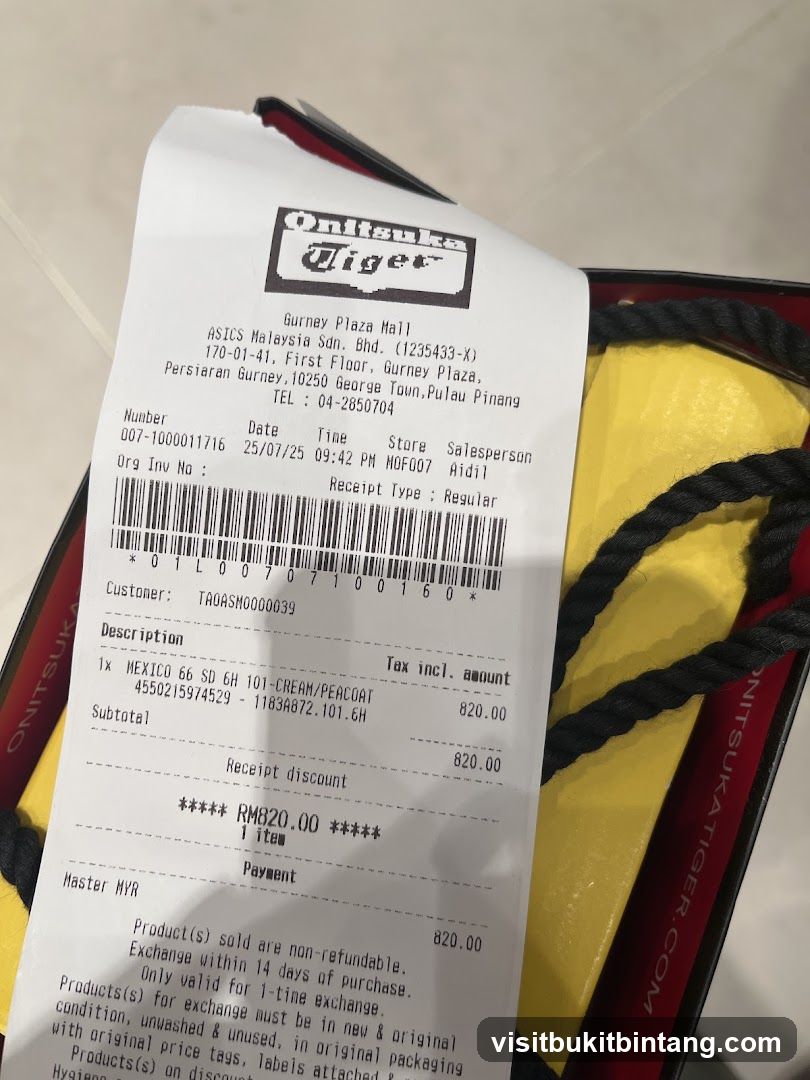 Onitsuka Tiger Receipt