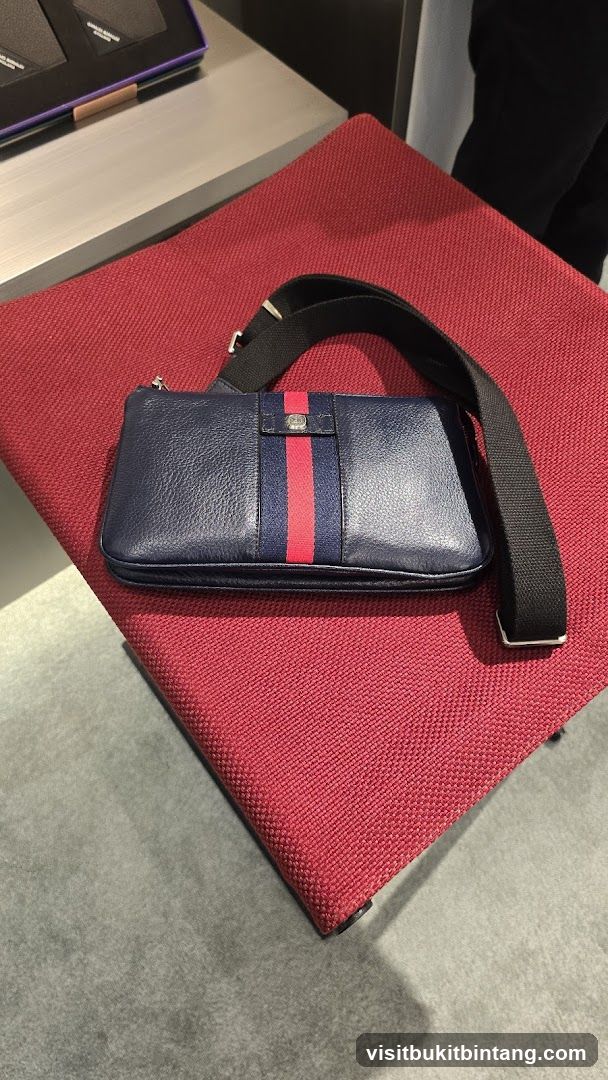 Blue Leather Bag with Red and Blue Stripe