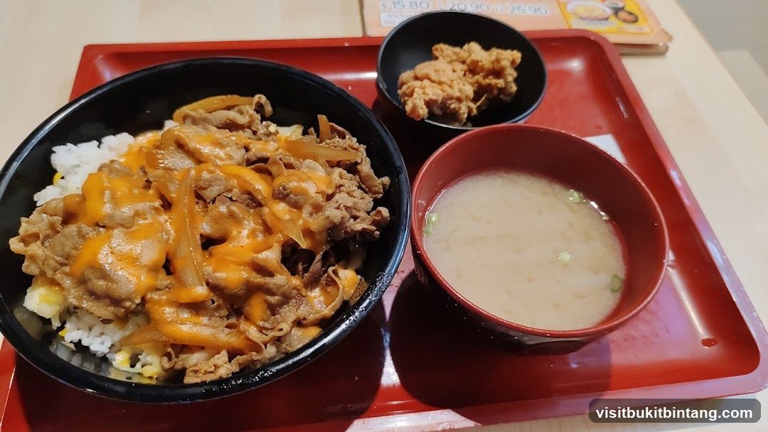Beef and Cheese Rice Bowl with Fried Chicken and Miso Soup