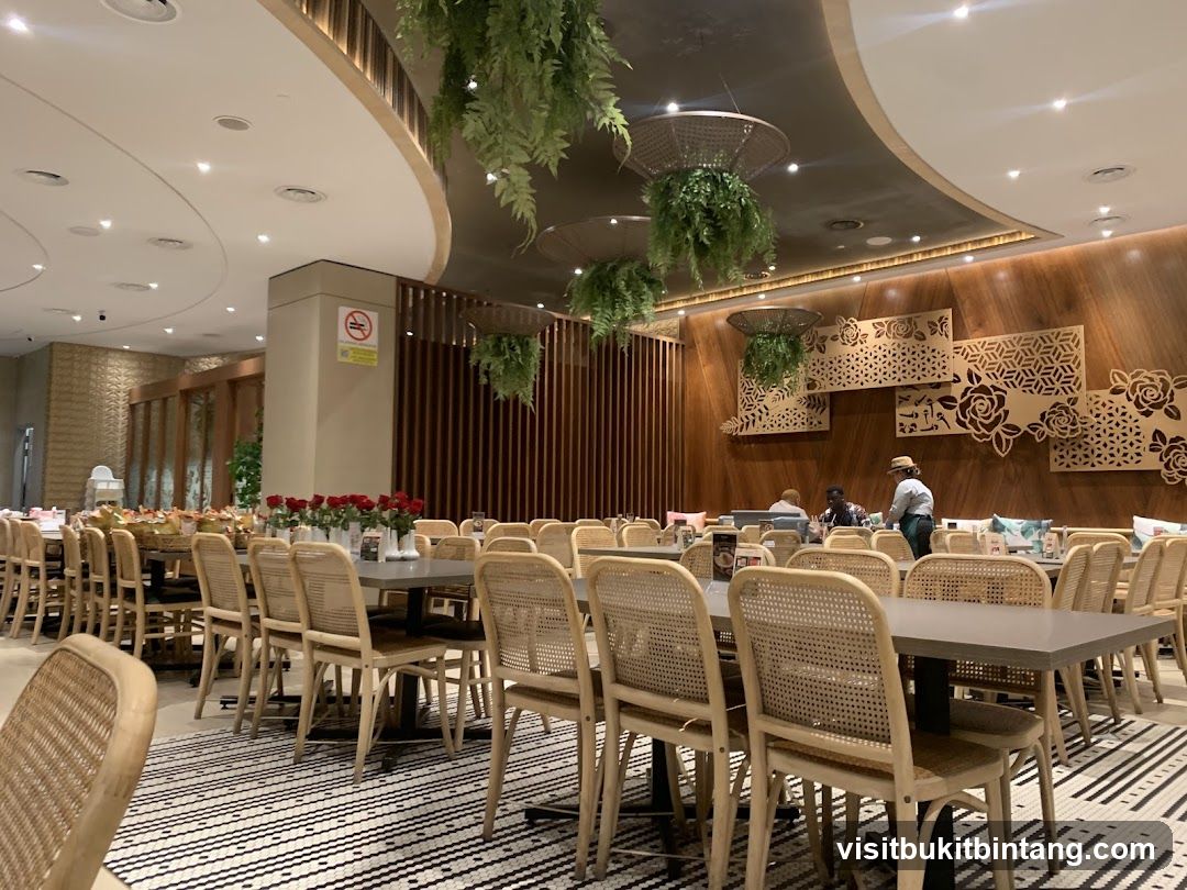 Restaurant Interior with Hanging Plants and Wooden Decor